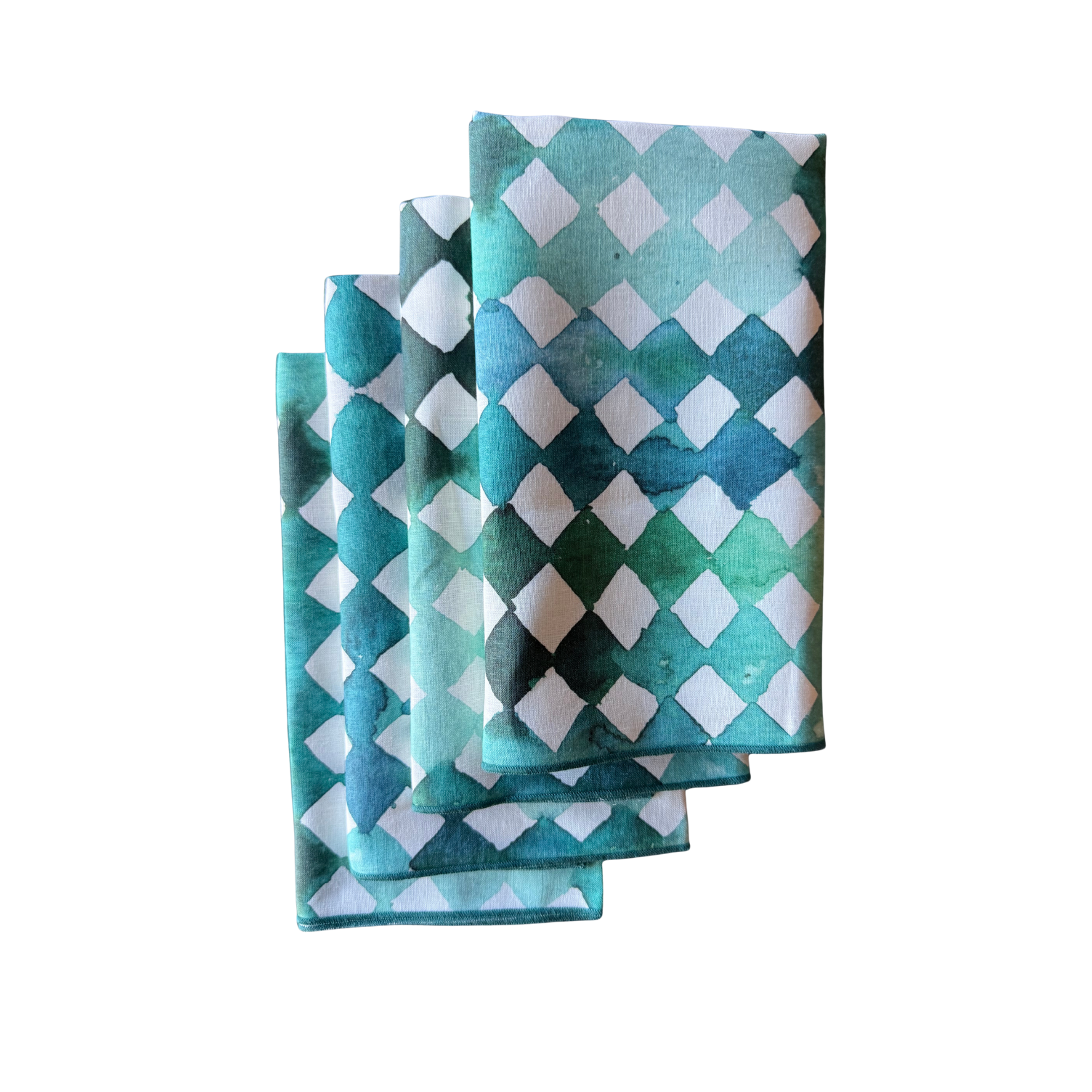Blue Diamond linen dinner napkin set of 4 with watercolor geometric pattern in turquoise and teal - Goldie Home