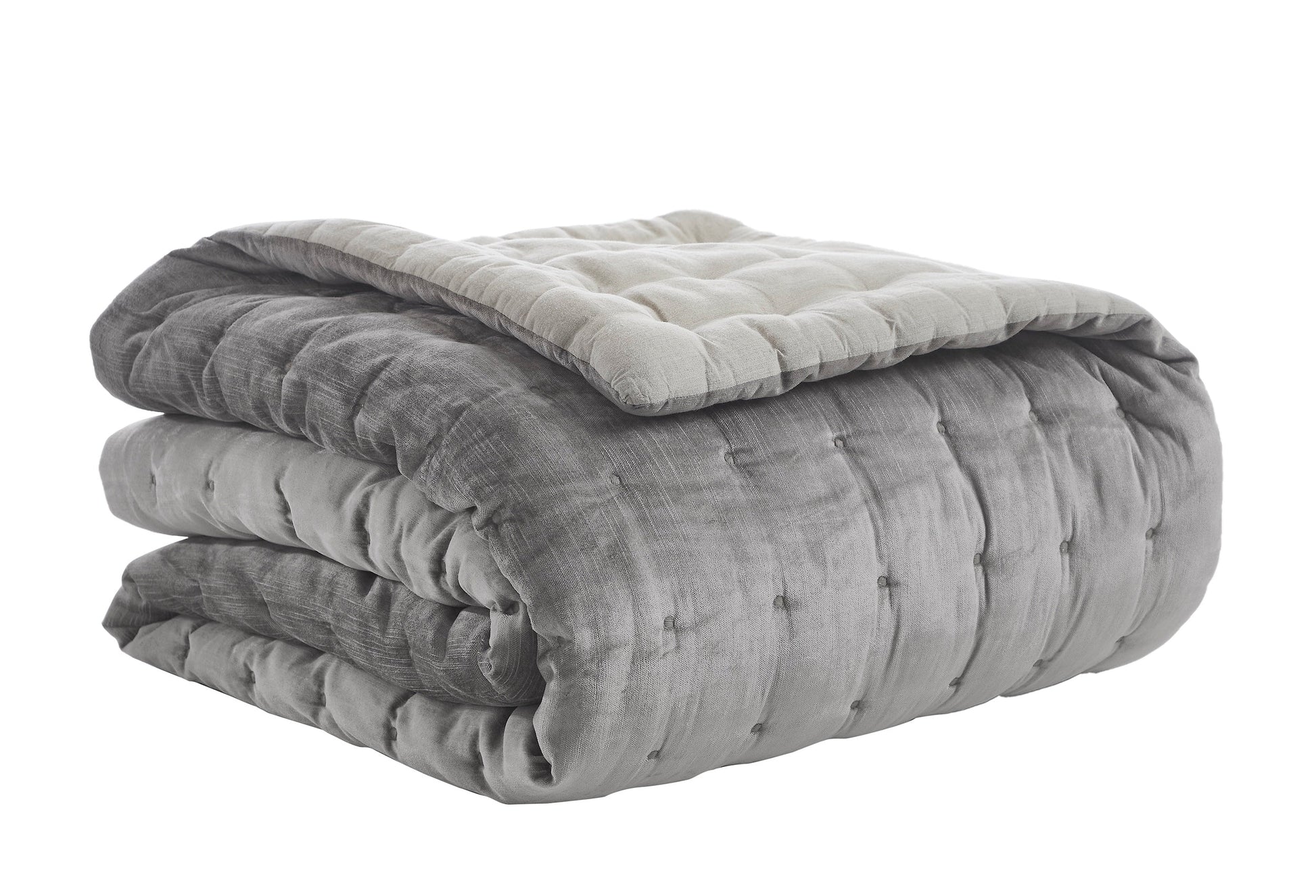 QT-307-11096_5|Reversible charcoal grey and beige tufted quilt, folded, showcasing square quilting. Versatile, cozy bedding for a comfortable bedroom.