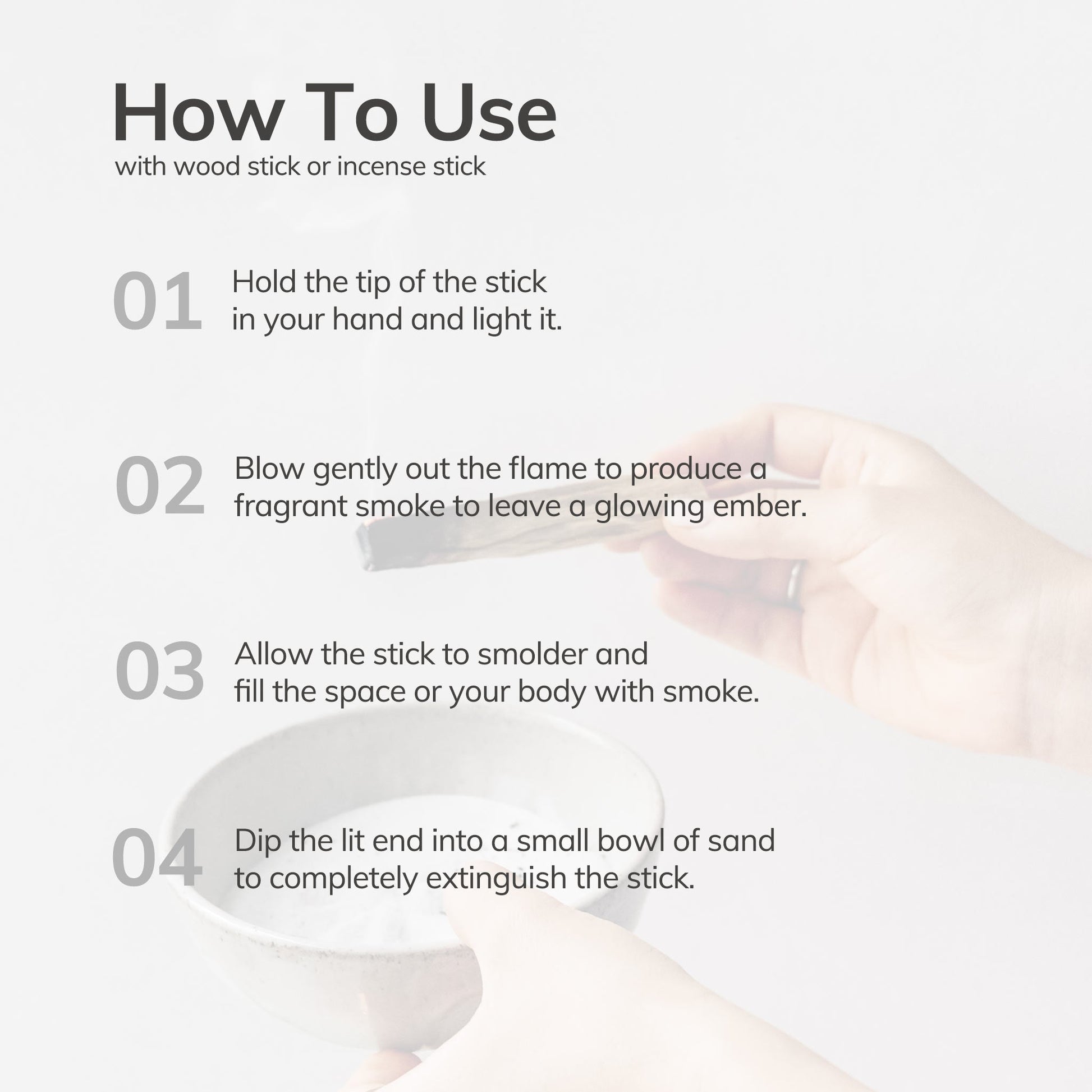 Step-by-step guide showing how to light, use, and extinguish an incense or wood stick safely