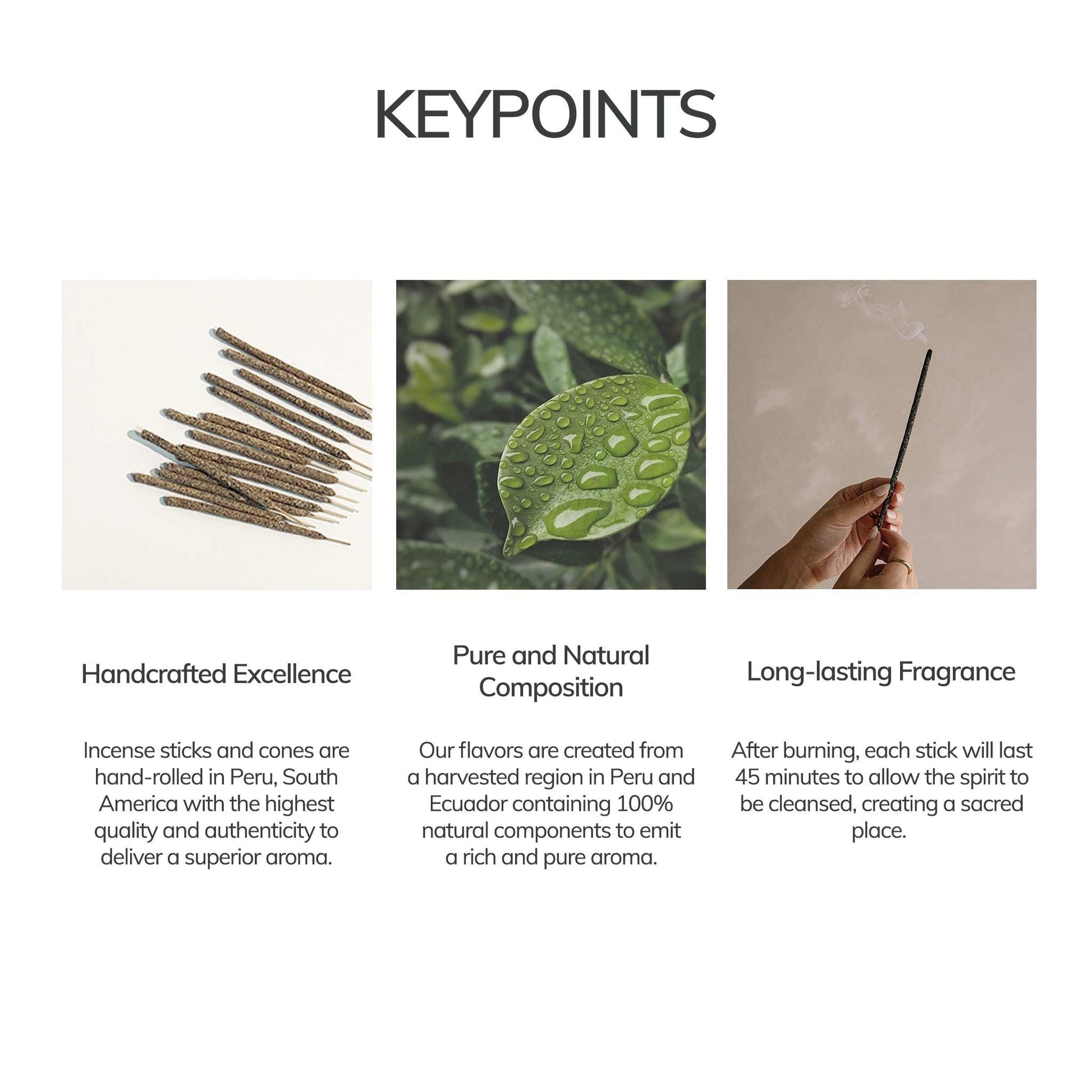 Three key incense benefits shown: handcrafted sticks, natural ingredients, and long-lasting scent