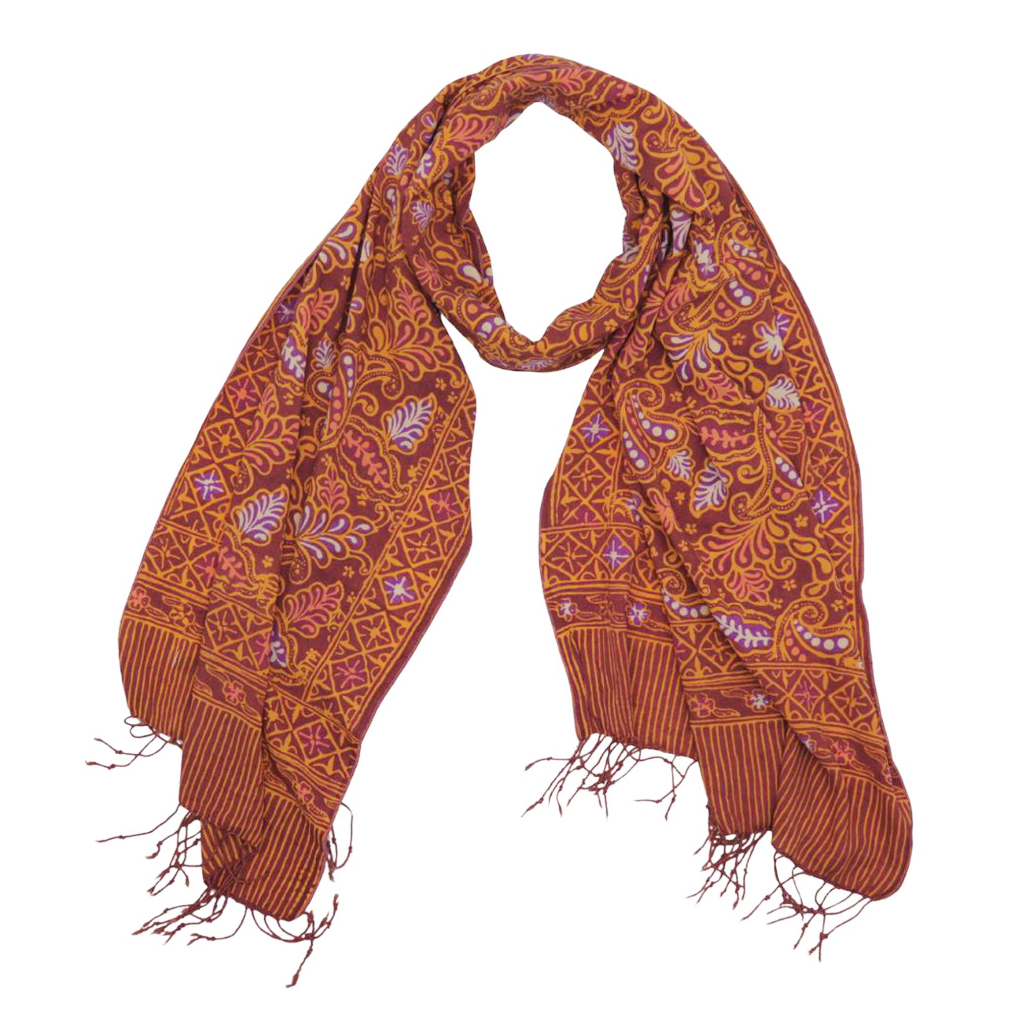 Handmade Batik Scarf, 100% Soft Cotton, Dusky Fern, Pink, Yellow, Peach