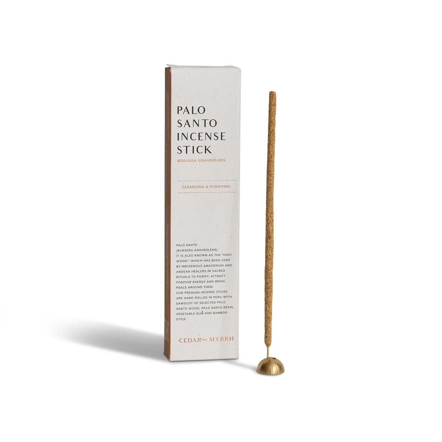 Palo Santo incense stick with box and brass incense holder from Cedar and Myrrh