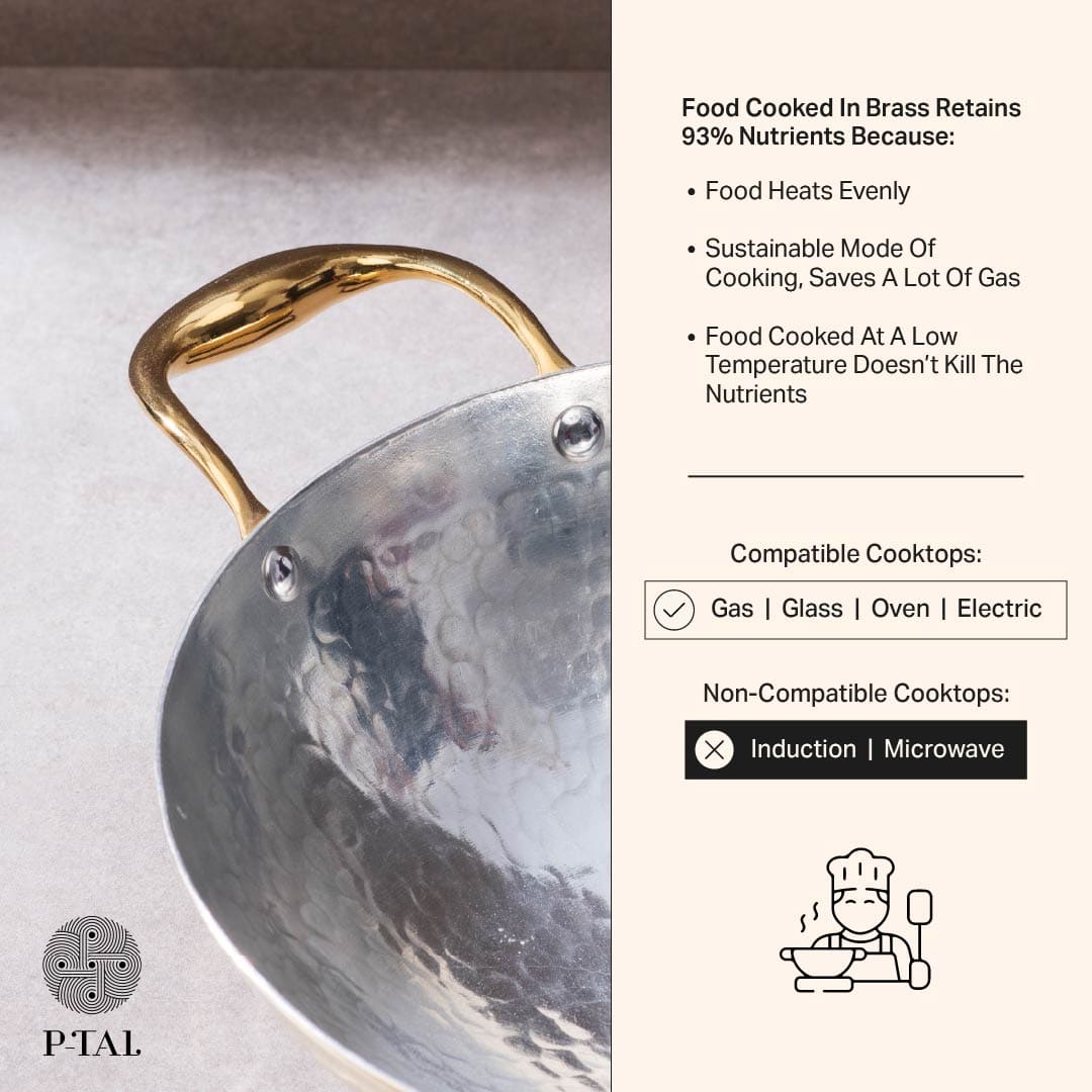 Brass Essentials Combo Set (Brass Roti Tawa with Insulated handle, Brass Ghee Pot, Brass Kadhai with Insulated handles & Glass lid) P-TAL: Traditional Kitchenware and Drinkware