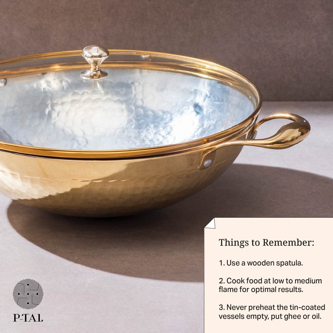 Brass Essentials Combo Set (Brass Roti Tawa with Insulated handle, Brass Ghee Pot, Brass Kadhai with Insulated handles & Glass lid) P-TAL: Traditional Kitchenware and Drinkware